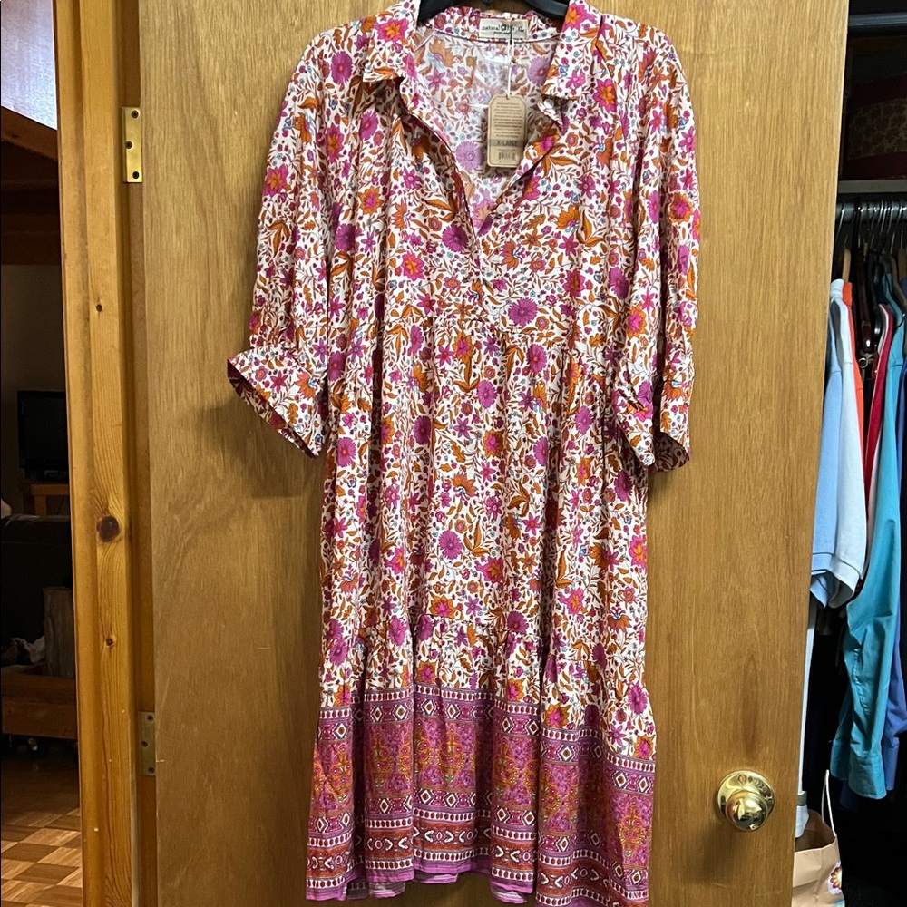 NATURAL LIFE Floral Pink and Mustard 3/4 Sleeve Tiered Dress
